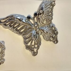 Vintage Black Beads Clear Rhinestone  Butterfly Pendant Silverstone Necklace 20"